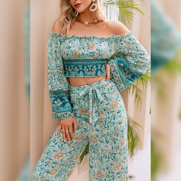 Bohemia Two Piece Pant Set Off Shoulder Floral - Picture 6 of 6